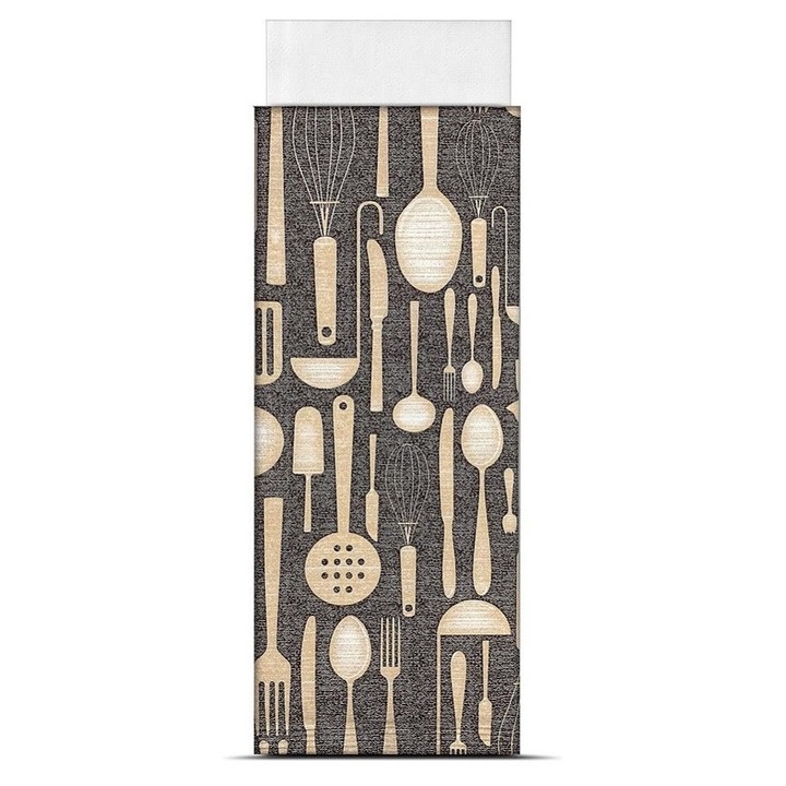 Set 125 buc. Plic din Hartie pentru Tacamuri 9, 5 x 24 cm cu Servetel Alb 38x35 cm in interior. Model Brunch