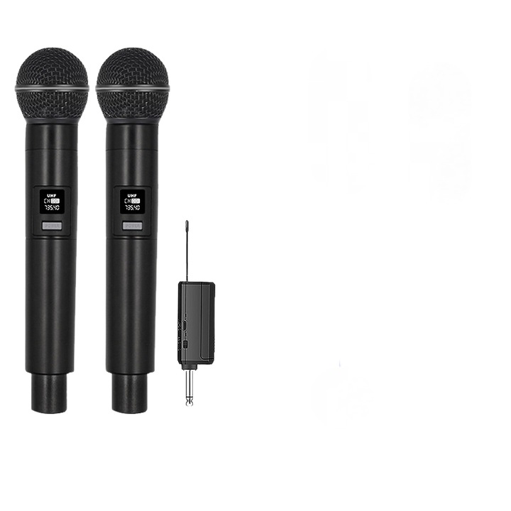 Microfon wireless, dinamic, 50m distanta, 15 frecvente ajustabile, negru, set 2 bucati