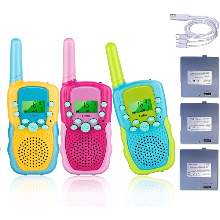 3 darabos walkie-talkie készlet gyerekeknek, rózsaszín/zöld/sárga, 22 csatorna, ergonomikus kialakítás