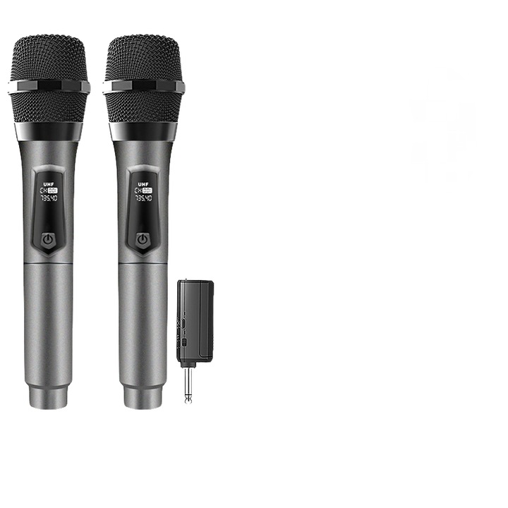 Microfon wireless, 50m distanta, dinamic reincarcabil, 15 frecvente ajustabile, gri, set 2 bucati