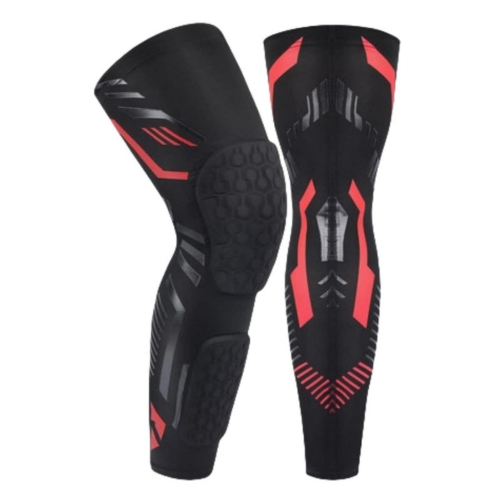 Genunchiere Sport de Protectie Avansata - cu Placi Separare Soc, Benzi Silicon Antiderapante, KuviKoo™ Compresie Circulara, Material Respirabil (Poliester/Elastan/EVA) - pentru Baschet, Fotbal, Alergare, Ciclism, Unisex, Negru-Rosu