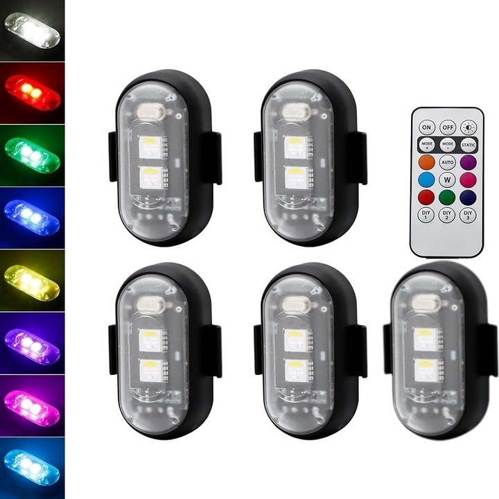 Set 5 Lampi Stroboscopice RGB cu Telecomanda Wireless, KuviKoo™ 8 Culori si 10 Moduri, Reincarcabile, Montare Magnetica Rapida, Rezistente la Apa, pentru Motociclete, Biciclete, Masini, Drone si Activitati Outdoor – Vizibilitate si Siguranta Sporite