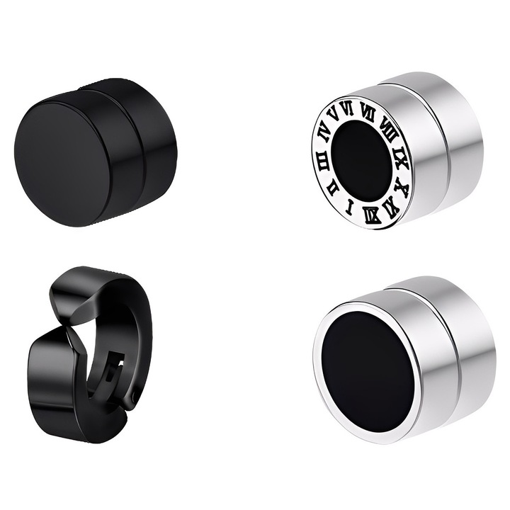 Cercei barbati, set 4 buc, titanium, negru si argintiu, design modern, antialergic