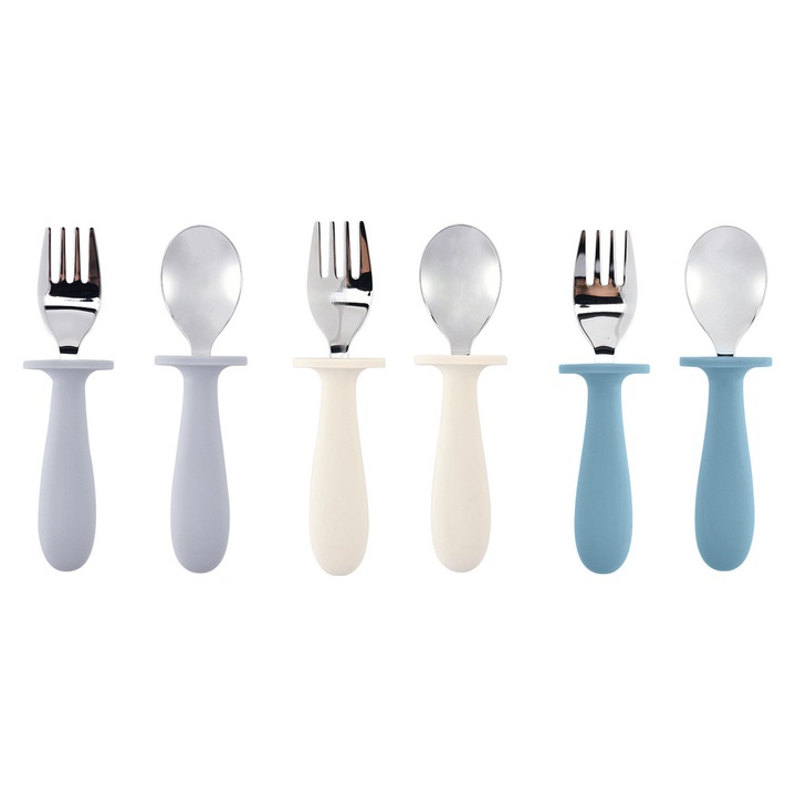 TodyJeyHo gyerek evőeszközkészlet, 3 villa és 3 kanál, rozsdamentes acél, szilikon nyél, vidám színek