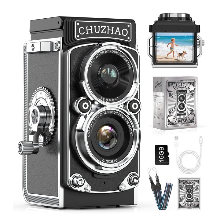 Mini Retro Kamera, Vintage Kamera, 12MP 1080P FHD, Autofókuszos Digitális TLR Kamera, 16 GB Memóriakártyával, Hordozható Kompakt Kamera Gyerekeknek, Tizenéveseknek, Diákoknak, Kezdőknek, Ajándék
