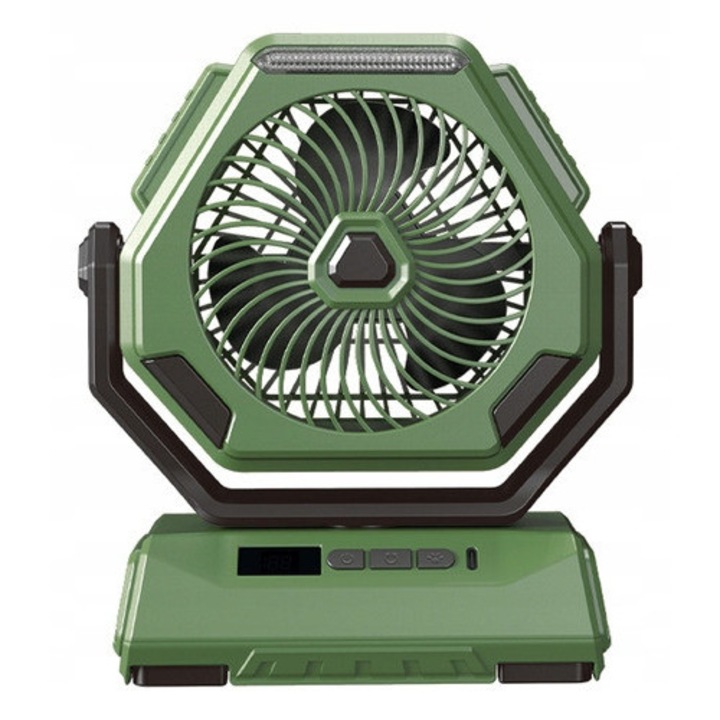 Ventilator portabil de camping, USB, 20000mAh, 4 viteze, 3 moduri de iluminare, rotatie 270°, material ABS, verde sau neagra, ventilator, cablu USB, carlig