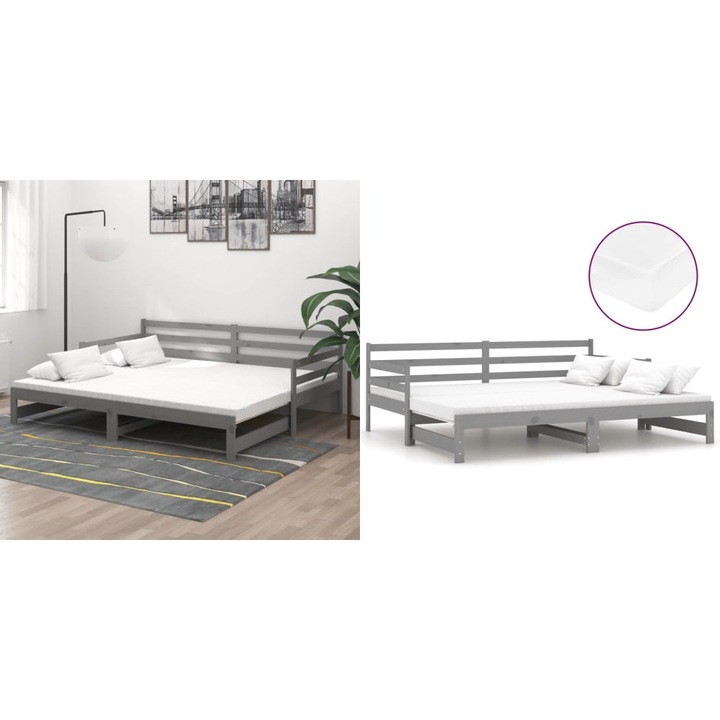 Pat extensibil de zi, 2x(90x200) cm, gri, lemn masiv de pin