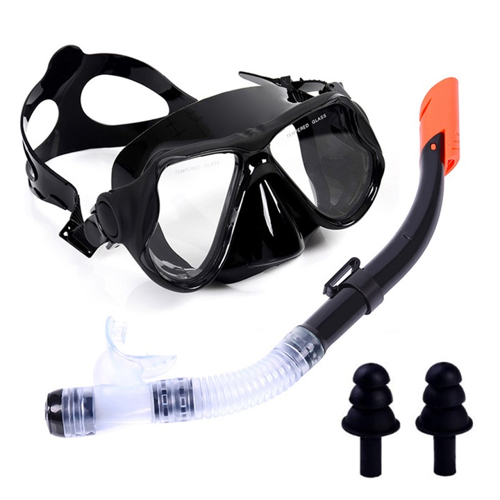 Комплект за гмуркане и шнорхелинг за възрастни, състоящ се от маска против мъгла и шнорхел, Axroad Mall, С шнорхел и 1 щипка за нос, 1 чифт тапи за уши, против надраскване, против експлозия, Ергономично проектиран, PC, 115×115×470 мм, Черен