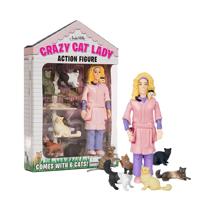 Екшън фигурка Accoutrements Crazy Cat Lady ACC-12470-C, винил, 15 см (6"), придружена от 6 котки, розова