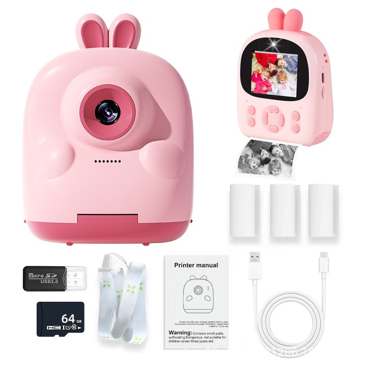 Детска моментална камера, 1080P HD цифрова видеокамера за селфи за малки деца с 3 ролки хартия за печат и 64G карта, коледни подаръци за момичета и момчета на възраст 3-12 години, розов