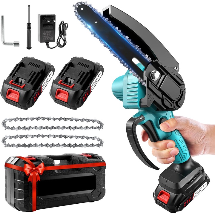 Mini fierastrau electric cu lant, 6 inch, 2 x baterie 2000 mAh, motor cu perii, putere 800W 21 V, pe acumulator, albastru/negru, (mini drujba)