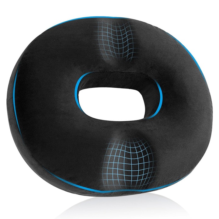 Ортопедична възглавница тип геврек за хемороиди, епизиотомия, за сядане, от мемори пяна, Черна, 45 x 35 x 7 см, Възглавница тип геврек против декубитус