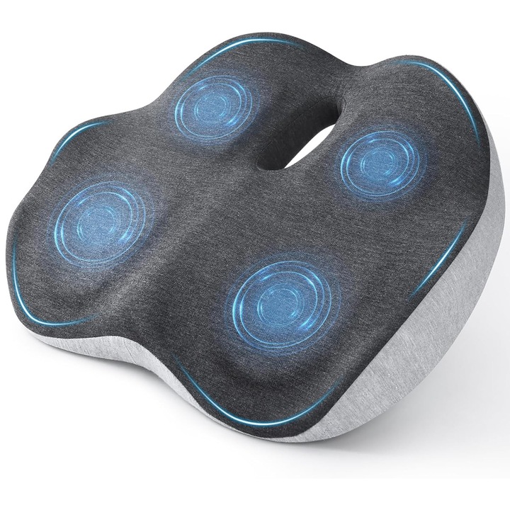 Perna ortopedica sezut, Spuma cu memorie Premium, pentru scaun birou / masina, confort Coccis, Husa respirabila si antialunecare, zona Lombara, Sciatica, Dureri de sold, Gri deschis, 44x40x9cm