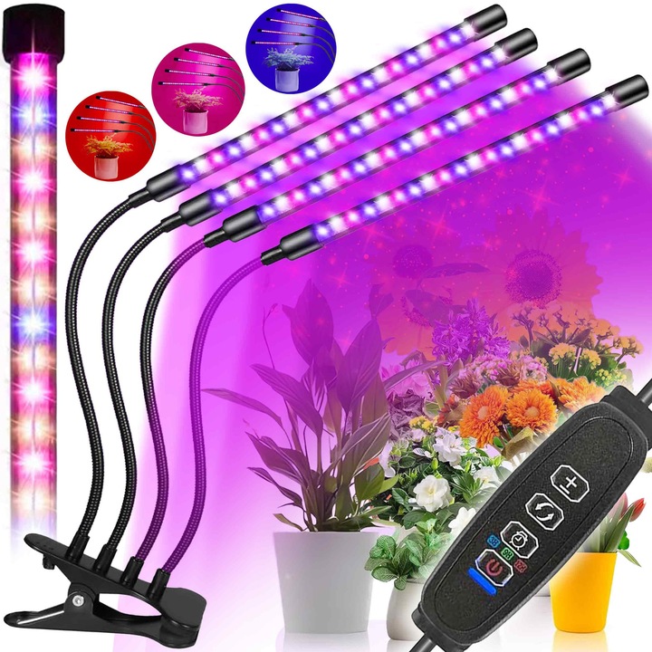 Lampa UV full spectrum pentru cresterea plantelor cu 4 picioare flexibile,40 w, temporizator, 10 trepte intensitate