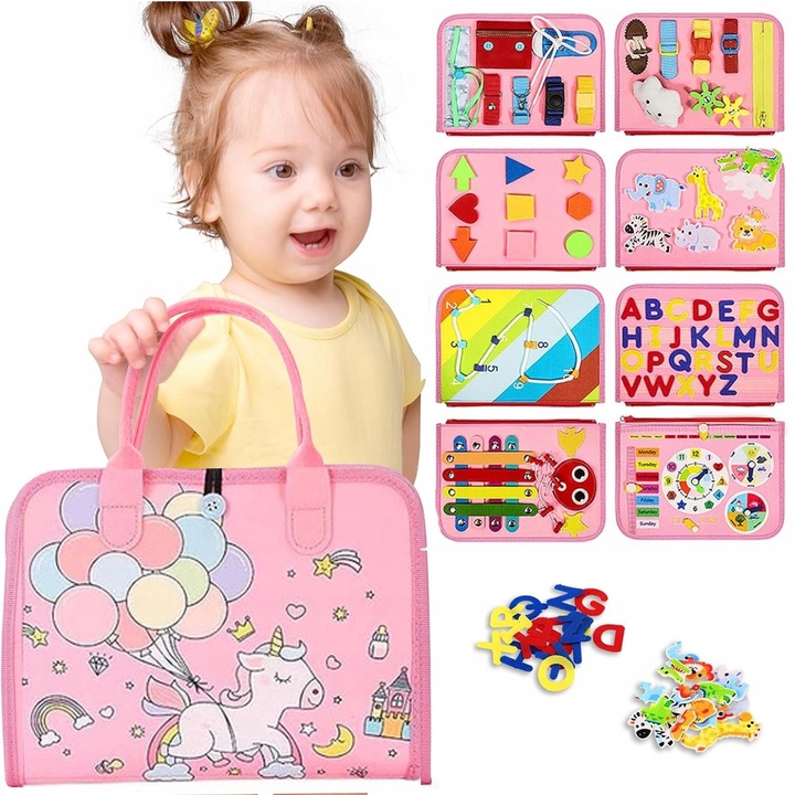 Jucarie interactiva, educationala, senzoriala, Busy Board, Montessori, carte, mapa, tip gentuta cu multiple activitati, ideala pentru calatorit, dezvoltarea abilitatilor motrice si atentiei, din material textil - Roz