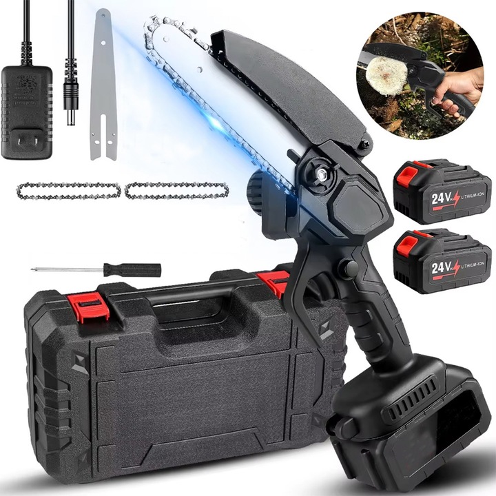 Mini ferastrau cu lant modernizat, 8 inch, motor fara perii, cu Sistem de lubrifiere realimentare, fast charging, putere 1200W, 6000mHA, 2 baterii, 2 lanturi, Reglarea automata a lantului, Negru, (mini drujba)
