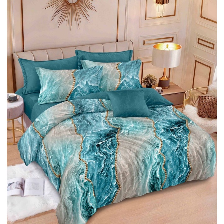 Set Lenjerie de pat dublu cu Elastic, 2 Persoane, 6 Piese, Pucioasa, Bumbac Finet, Cearceaf de pat cu elastic 180x200 cm, Cearceaf pilota cu 2 Fete 200x230 cm, 2 Huse perne 55x75 cm si 2 Huse perna 70x70 cm, Turcoaz/Gri, Model Degrade FFP-0107