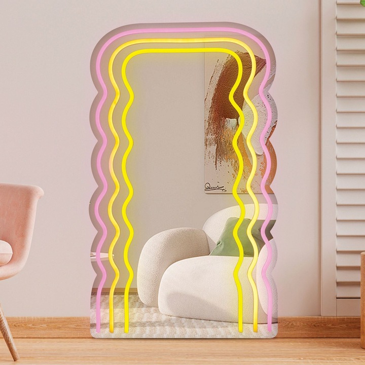 Oglinda dreptunghiulara alba cu led neon & model valuros