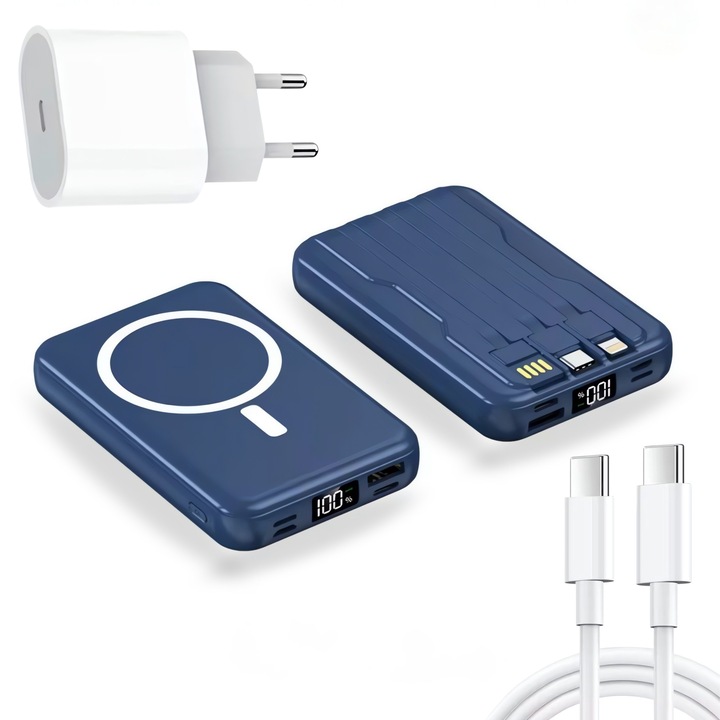 3 в 1 батерия и външна батерия, Vastru, PowerBank 10 000 mAh, бързо зареждане 22,5 W, магнитно безжично зареждане, 3 вградени кабела, LED дисплей, син, 20W зарядно устройство, кабел за данни Type-C, бързо зареждане, бял