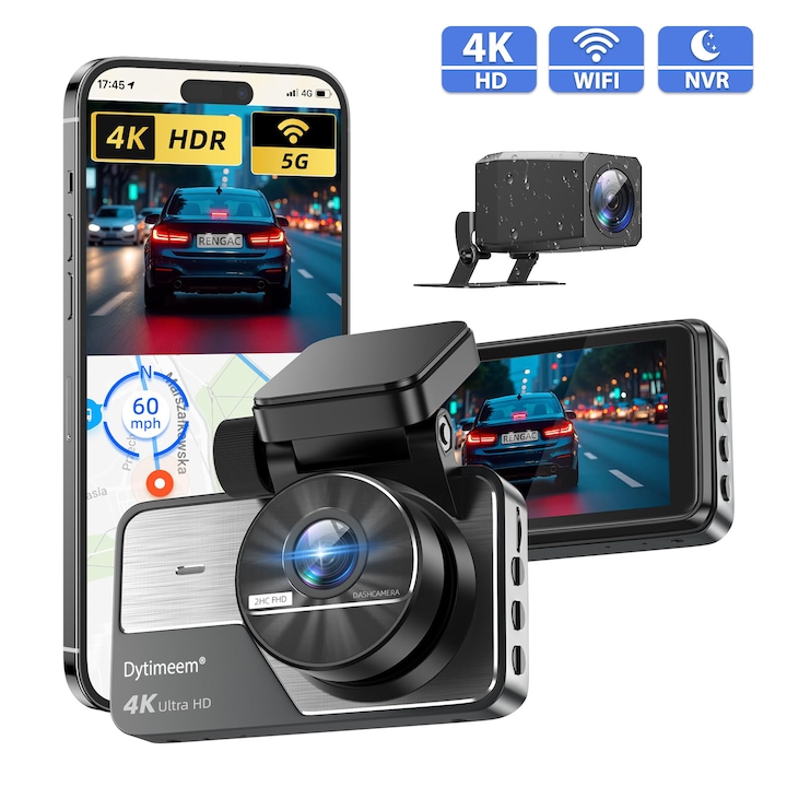 Камера за кола DVR, DYTIMEEM®, Ултракомпактна камера за табло, 4,5 инча екран, Full HD 4K, 2K задна камера, Циклично записване, Нощно виждане, G-сензор, Гласови инструкции, 170° ъгъл на заснемане