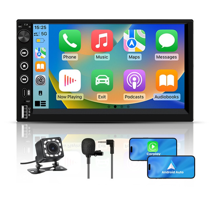 Univerzális 2 DIN autós navigációs rendszer, 7" érintőképernyővel, vezeték nélküli és vezetékes CarPlay/Android Auto, Mirror Link, USB/Type-C/Bluetooth/FM/Equalizer/WiFi/GPS támogatás, vízálló tolatókamerával