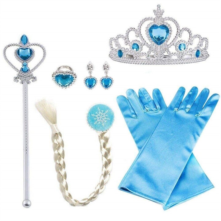 Setul de accesorii Frozen Queen Elsa, Chelfonds®, include manusi, coroana, sceptru, cercei, inel, coada de cal, perfect pentru carnaval, Craciun, Halloween si cosplay, albastru