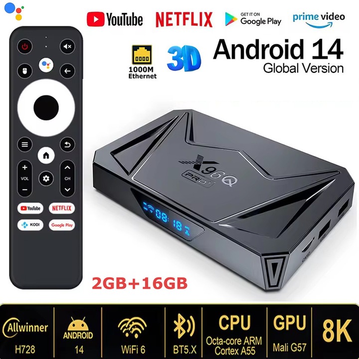 Смарт ТВ БОКС X96Q PRO PLUS, Смарт Андроид 14 16GB Allwinner H728 Quad Core 8K@24fps 1000M Ethernet Wifi 6 Медиен Плейър