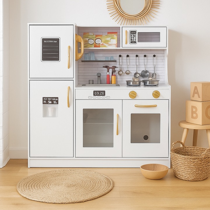 Bucatarie din lemn MILK pentru copii – bucatarie alba cu frigider, chiuveta, cuptor cu microunde si accesorii incluse