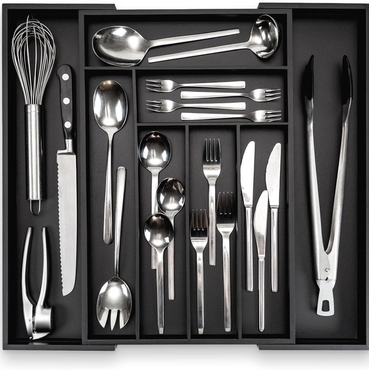 Bambusz evõeszköz- és eszközrendező, állítható tálcával, konyhai fiókrendező, Fekete - CN