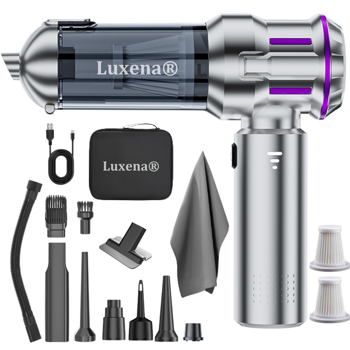 Aspirator auto portabil de mana fara fir 4-in-1 cu acumulator Luxena AirPro4, pentru masina si casa, aspirare umeda/uscata, suflare, umflare, vidare, 110.000 rpm, 3 trepte, 6000 mAh, filtru HEPA lavabil, 15 accesorii, geanta de transport, Argintiu cu Mov