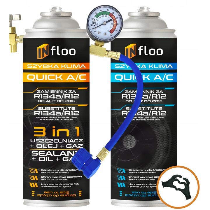 Set INfloo Quick A/C 3in1 R134a + Gaz R134a + Furtun cu Manometru – Reincarcare Rapida Climatizare Auto