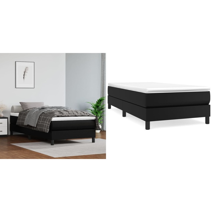 Pat box spring cu saltea, negru, 100x200 cm, piele ecologica