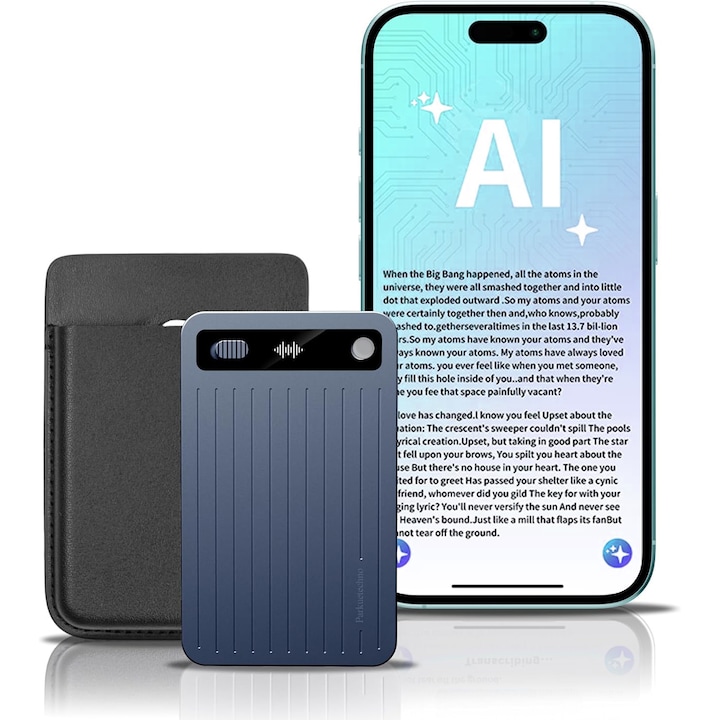 Reportofon AI, Транскрибирайте и обобщавайте с AI технология, Диктофон с контрол на приложението, Поддържа 140 езика, 64GB памет, Аудио рекордер за лекции, срещи, разговори, син с калъф, WALALLA, сив