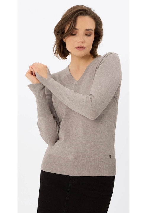Pulover dama cu decolteu in V, Volcano S-Neli, Slim Fit, bej melange, Bej melange