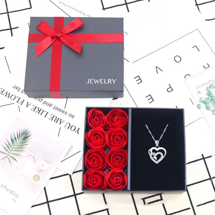 Colier Dama din Argint 925 cu Pandantiv Inima, Lant Elegant + Cutie Cadou Trandafir, Bijuterii pentru Femei, Cadou Romantic Craciunul, Anul Nou, Ziua Indragostitilor