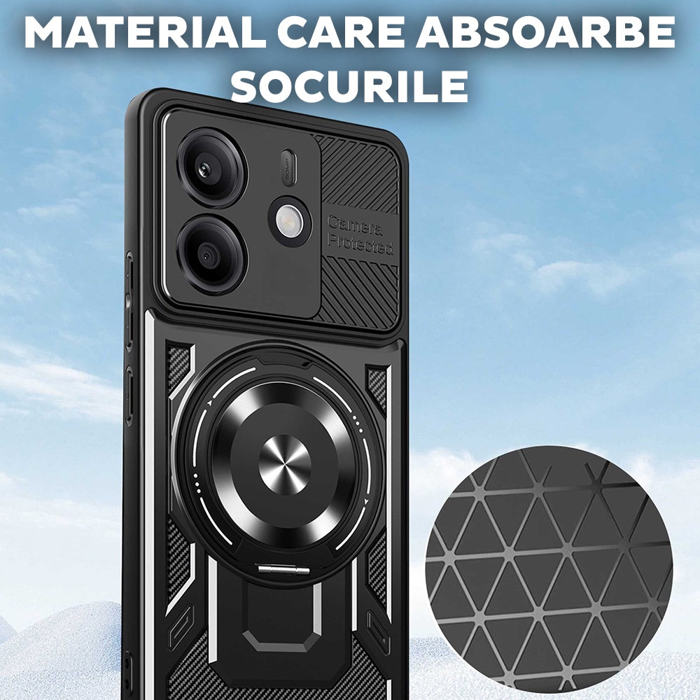 Husa pentru Xiaomi 15T Pro DaDen® RuggedCam MagSafe, Antisoc, Incarcare wireless, Inel rotativ, Negru