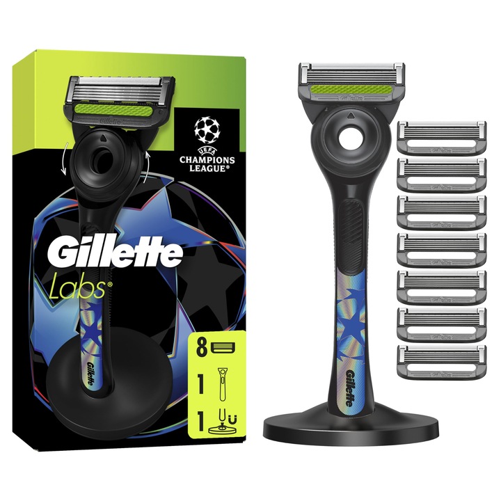 Gillette elektromos borotva, különkiadású UEFA Bajnokok Ligája, 1 nyél, 8 pótpenge, mágneses dokkolóállomással