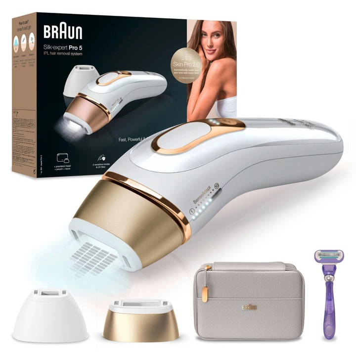 Braun Silk Expert Pro 5 IPL epilátor, fehér/arany, komplett szett tokkal és tartozékokkal