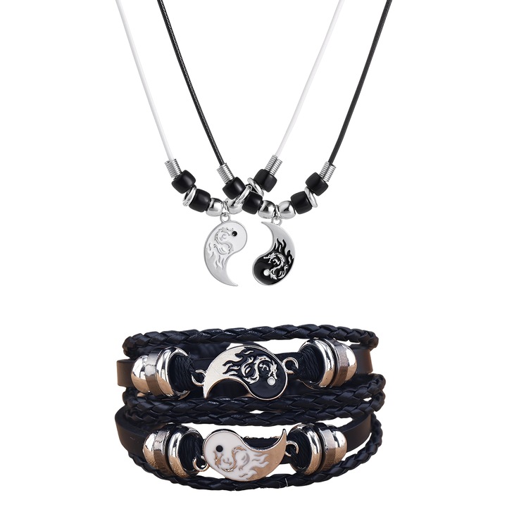 Set 4 Bijuterii, TREXORA, 2 Coliere & 2 Bratari, Simbol Yin-Yang, Negru/Alb, 5.5-6.8cm/40+5cm