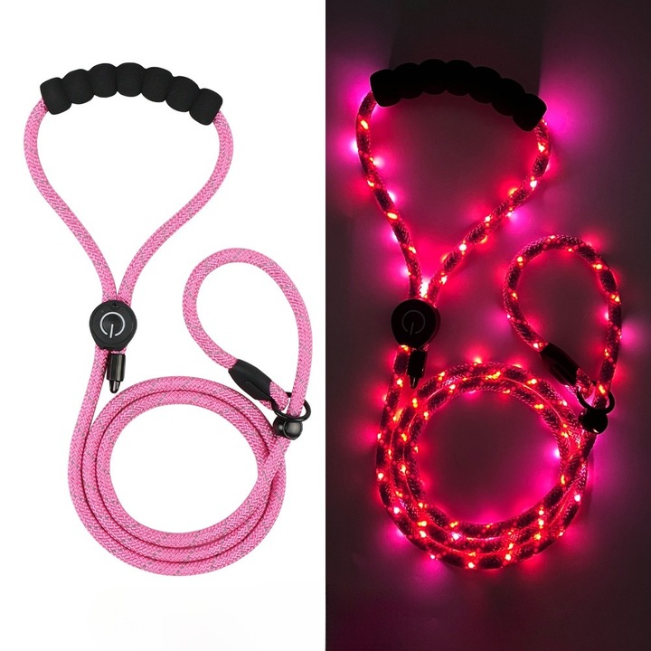 Lesa Electrica LED pentru Caini Medii si Mari – Reflectorizanta, Rezistenta La Apa, cu Maner Confortabil din Spuma, Flexibila si Puternica, Culoare Roz, Lesa Incarcabila USB pentru caini