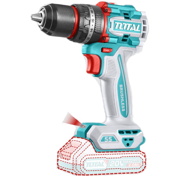Masina de gaurit si insurubat (bormasina) pe acumulator Total TDLI20453E, 20 V, 2 Ah, 52 Nm, 2000 rpm Li-Ion, 47 accesorii, 2 acumulatori, 1 incarcator
