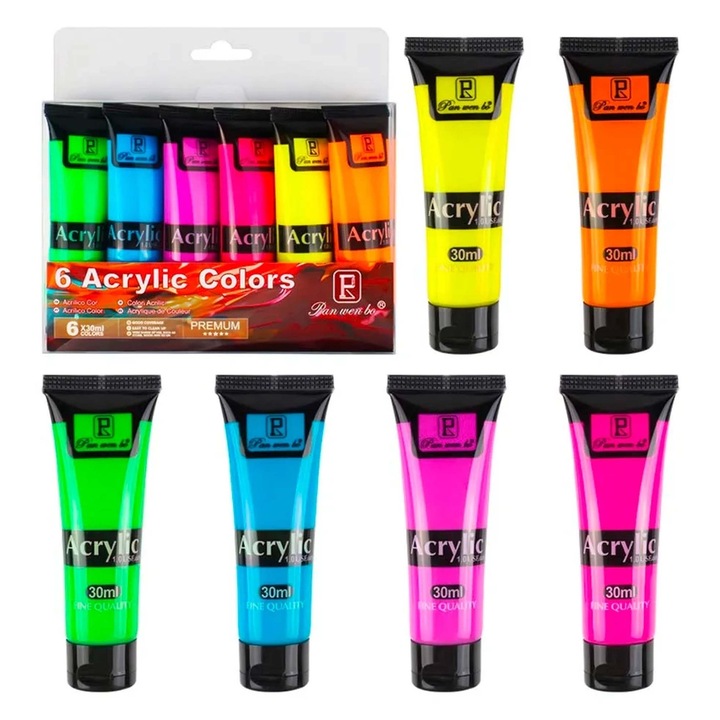 Vopsele Acrilice Neon In Tuburi 6 Culori, Intense, Cu Pigmentatie Ridicata, Uscare Rapida Si Rezistente La Apa Dupa Uscare, Gata De Utilizare Fara Diluare, Textura Neteda, Cremoasa A Vopselelor, Capacitate: 12 Ml, Multicolor