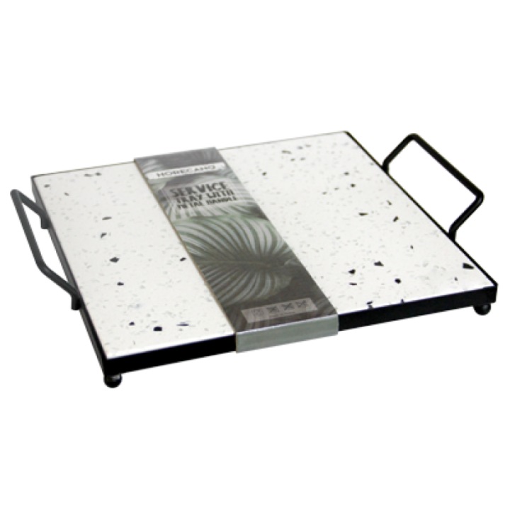 Platou terrazzo pentru servire suport metalic cu manere 27, 5x23, 5x5cm cu platou marmura 23x23cm