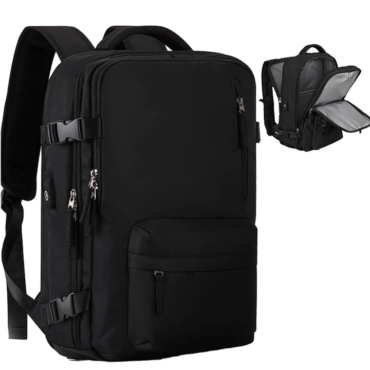 Fekete 3 az 1-ben utazóhátizsák – bőrönd típusú, USB porttal, ergonomikus, bővíthető, uniszex