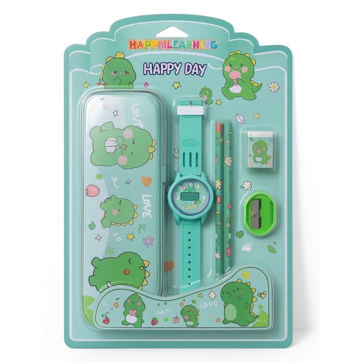 Set rechizite scolare cu ceas digital, penar metalic, 2 creioane, radiera si ascutitoare, Verde menta