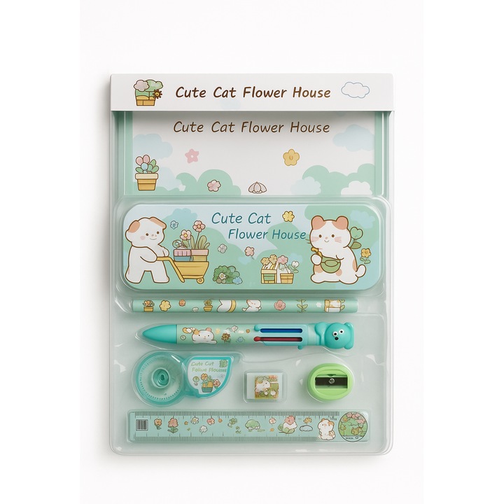 Set rechizite scolare, penar metalic, 2 creioane, pix multicolor, rigla 15 cm, radiera, ascutitoare, dispenser banda adeziva, Verde Menta