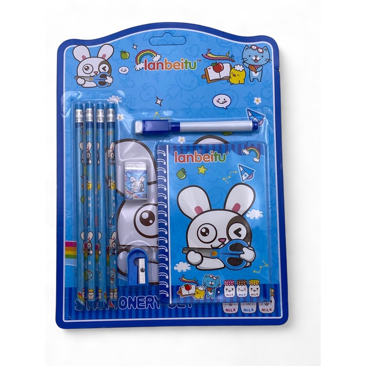 Set rechizite scolare cu carnetel, 4 creioane, pix, guma si ascutitoare, model Iepuras – ALBASTRU