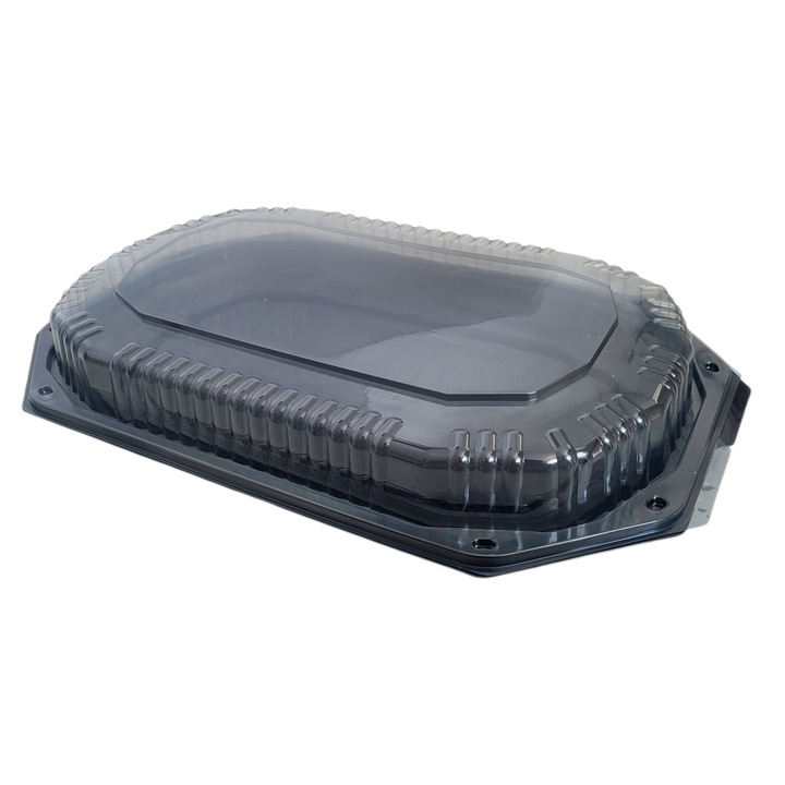 Set 10 Platouri aperitiv adanci, reutilizabile din R-PET, negru, hexagonal, 35cm cu capac