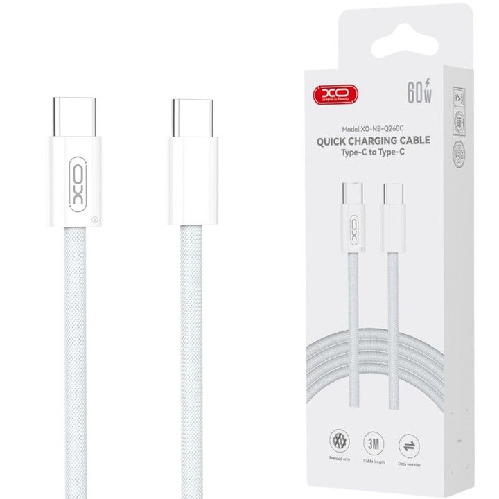 XO-Q260C kábel, C-típusú - C-típusú, 3M, iPhone 15/16 és Android készülékekhez, adatátvitel, gyors töltés 60W, fehér