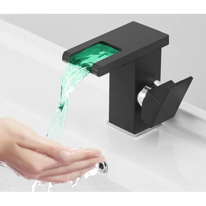 Baterie Lavoar Luxury Smart LED tip cascada cu senzor temperatura finisaj Negru Mat anti-amprenta, cartus ceramic, Kit instalare inclus